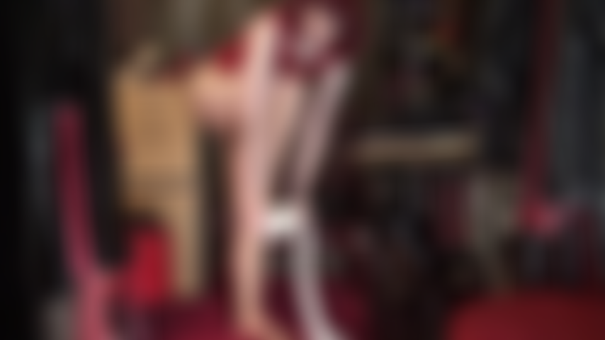 Pantyhose and stockings layers in red and white - Mistress Vivian has your slave cock throbbing for her ass and feet in shiny nylon layers.
