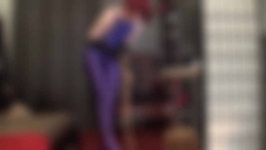 Mistress Vivian traps you in her shiny web - You never stood a chance against Mistress' shiny powers... Purple leohex suit, glossy and sheer Platino pantyhose, shiny long boots, pvc thong and BBC strap-on.